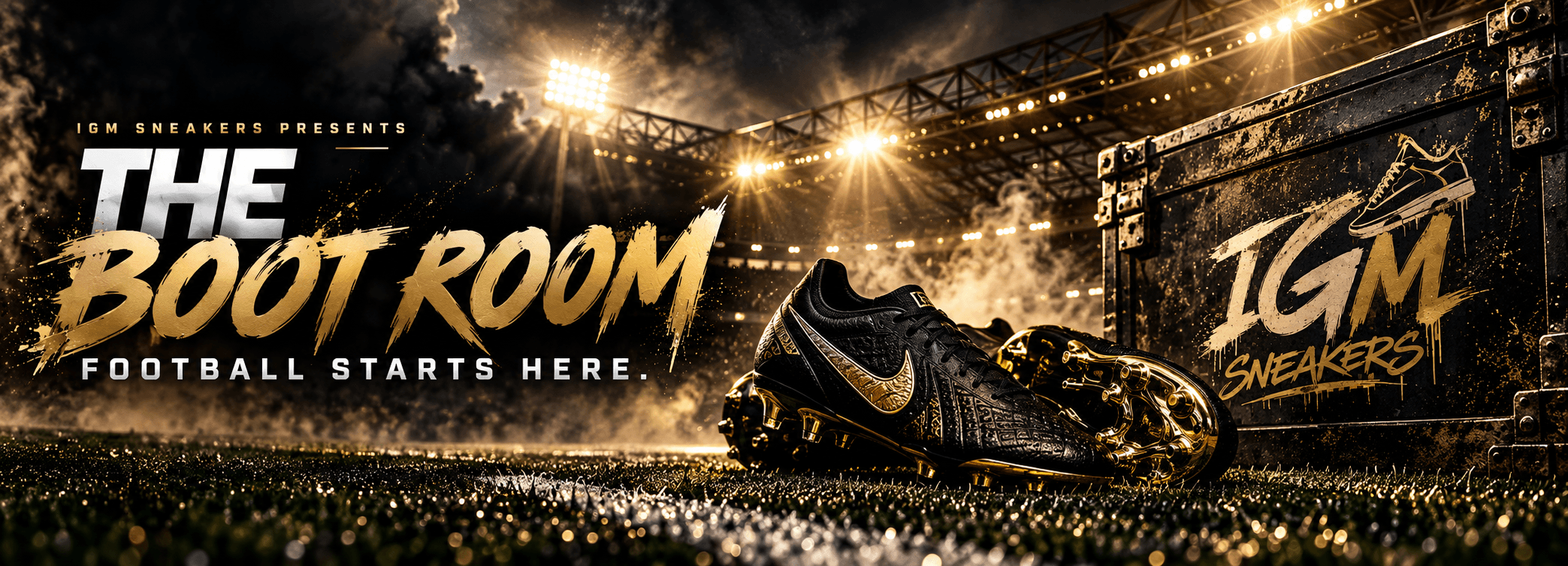 The Boot Room by IGM Sneakers — premium football boots under stadium floodlights